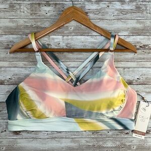 Calia Bikini Top Strappy Ruched sz 1X Women Medium Support Swim Sediment Stripes